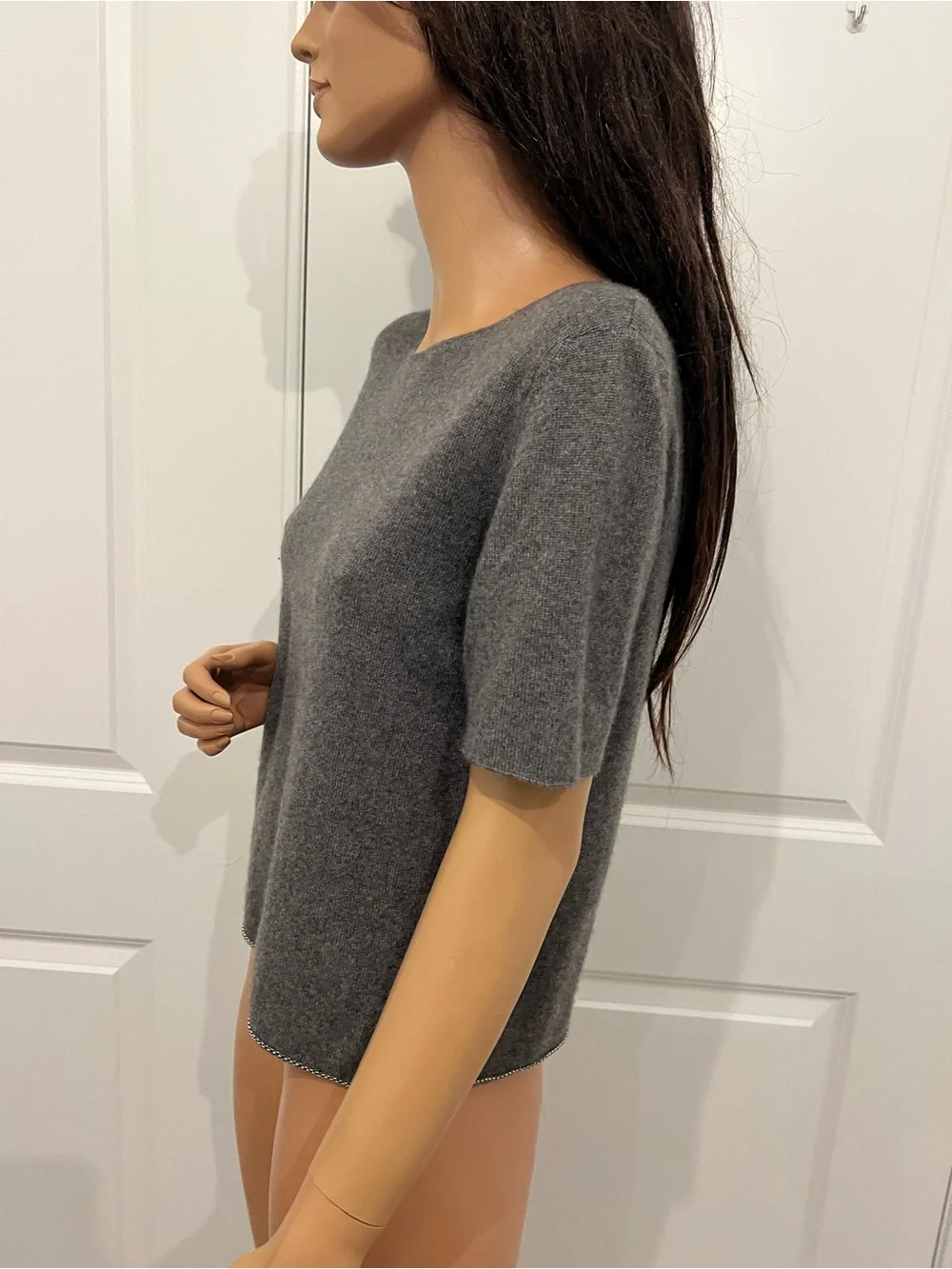 Vintage CHANEL '98A Chain Trim Cashmere Silk Gray Cardigan Sweater Twin Set Fr40